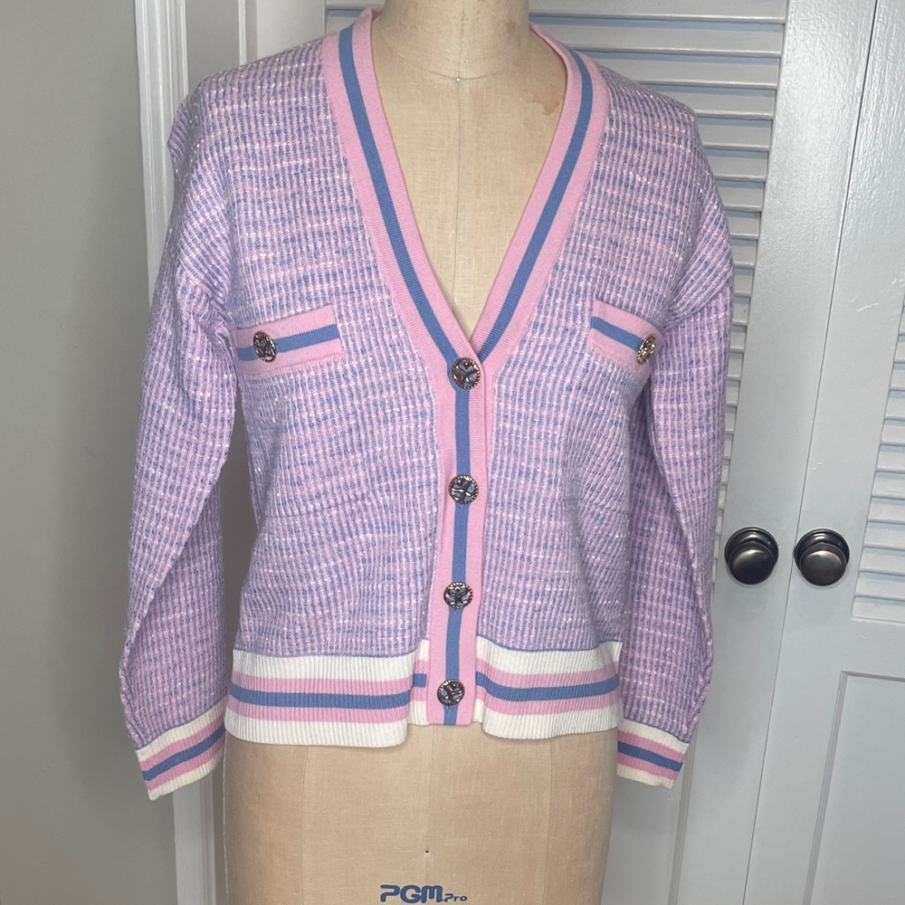 Sandro Lavender Pink Blue Trim Knit Cardigan